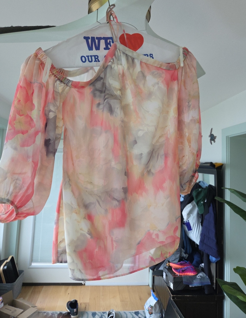 White House Black Market Coral and Cream Floral Off-Shoulder Blouse